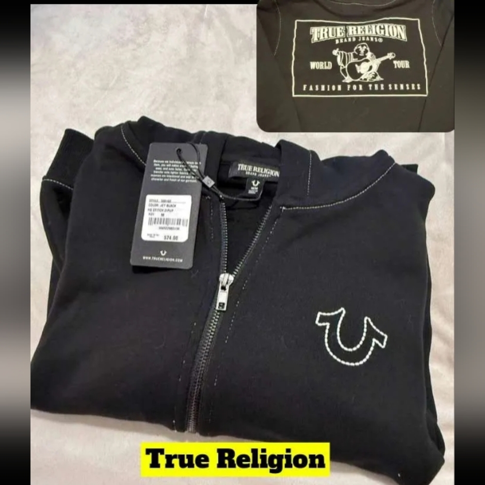 True Religion Black Zip Up Hoodie with White Stitch Logo